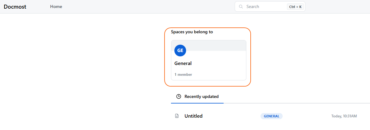 Default space on Docmost home screen