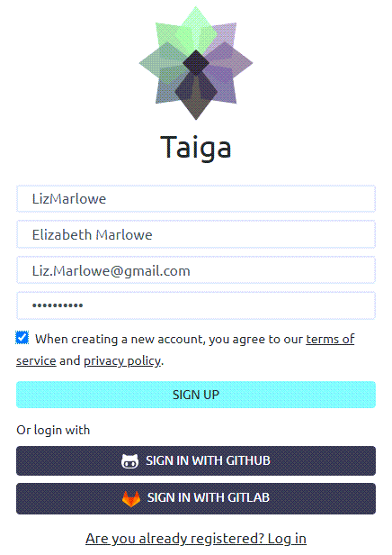 Create your Taiga account