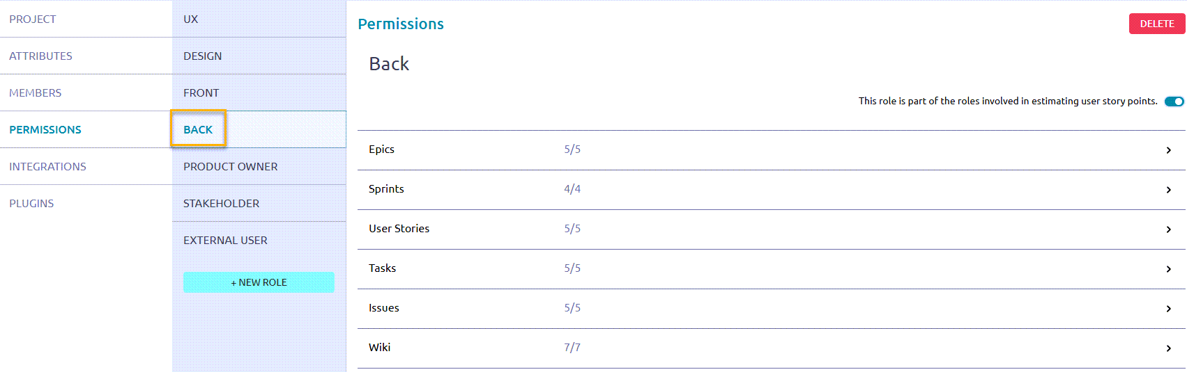Select role to update permissions