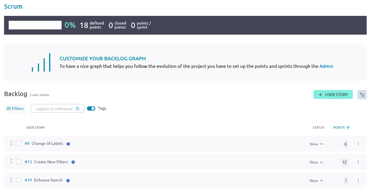 User stories in the backlog