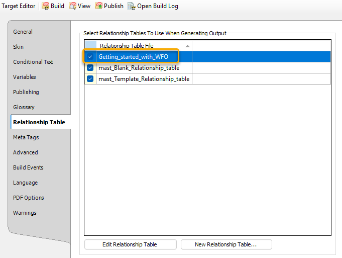 Select relationship table for targets