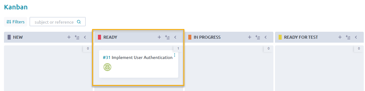 New user story created in status swim lane