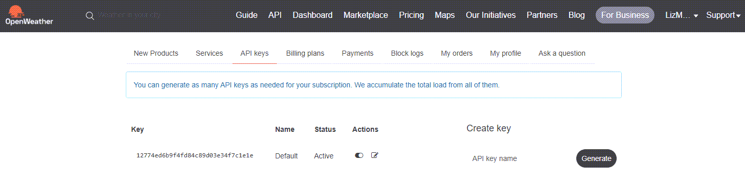 OpenWeatherMap account page