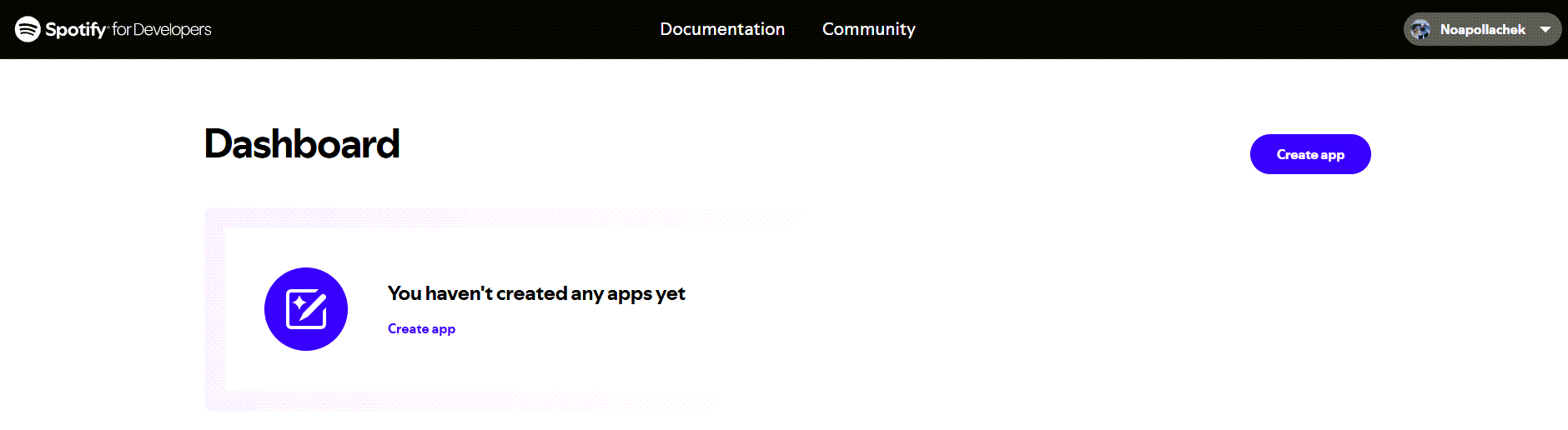 New account on the Spotify Dashboard page